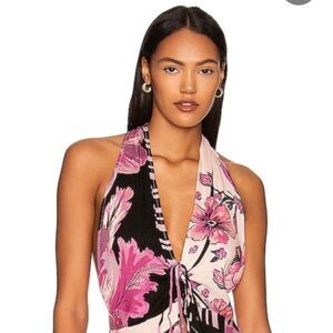 FREE PEOPLE HOT TROPICS FLORAL HALTER V NECK PEPLUM TANK DARK COMBO NWT